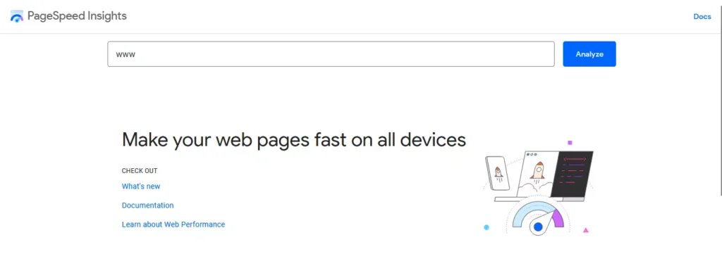 Screenshot of Google PageSpeed Insights website. Measure and improve website speed and performance with this free online tool. Google PageSpeed Insights homepage.