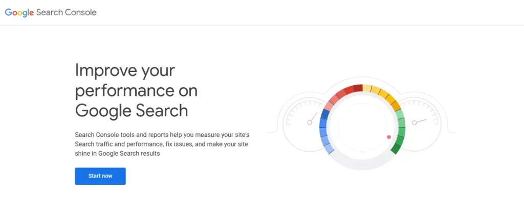 Screenshot of Google Search Console website. Monitor and optimize website performance in Google search results with this free tool. Google Search Console homepage.