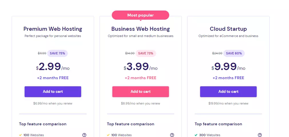Hostinger pricing plans screenshot showcasing their affordable web hosting plans, with features
