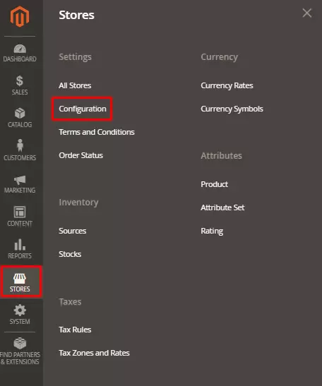 Screenshot of Magento admin panel navigation to manage store section (configuration), highlighting the crucial steps for configuring a multi-language store.