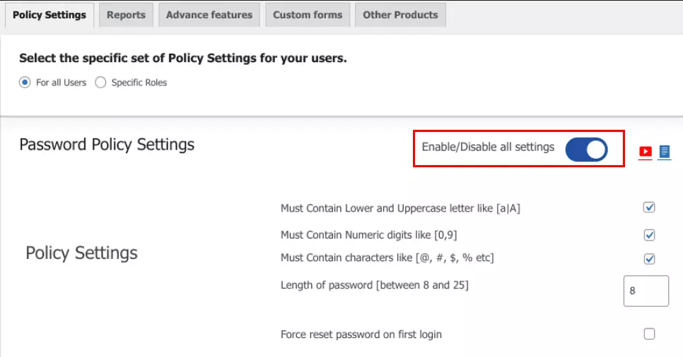 Enabling Password Policy Settings in WordPress Screenshot - Strengthen Your WordPress Site's Security by Configuring Custom Password Rules and Requirements