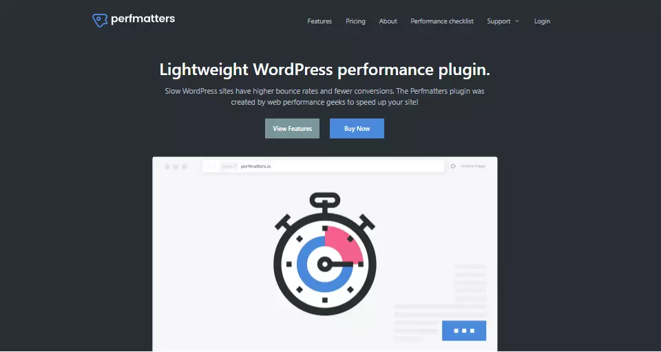 Screenshot of Perfmatters plugin website. Optimize your website's speed and performance with this powerful WordPress optimization plugin. Perfmatters plugin homepage.