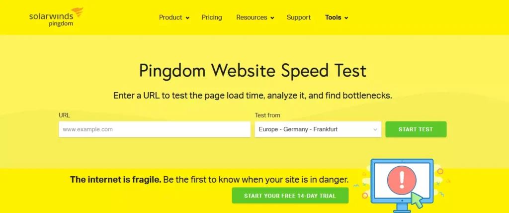 Screenshot of Pingdom website. Test and improve website speed and performance with this popular online tool. Pingdom homepage.