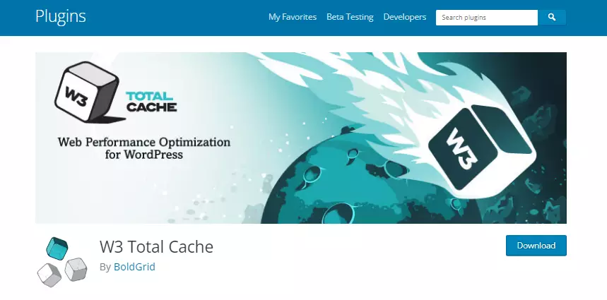 Screenshot of W3 Total Cache plugin website. Optimize your website's speed and performance with this top-rated WordPress optimization plugin. W3 Total Cache plugin homepage.