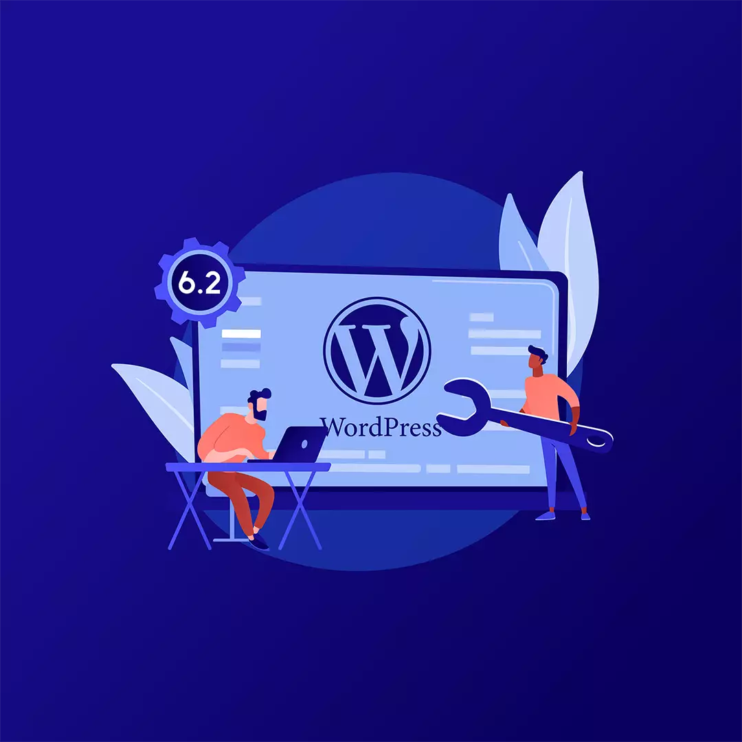 Two individuals collaborating on a laptop, working with the WordPress 6.2 update, showcasing the WordPress logo and enhanced features.