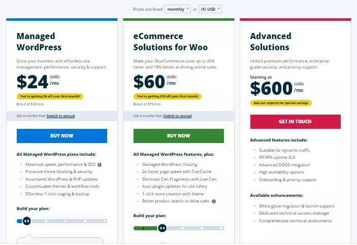 "Screenshot of WP Engine's pricing plans page, offering different tiers of hosting plans for WordPress websites with varying features and price points.