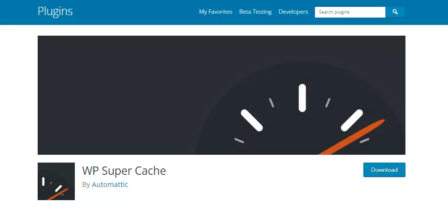Screenshot of WP Super Cache plugin website. Boost your website's speed and performance with this popular WordPress optimization plugin. WP Super Cache plugin homepage.