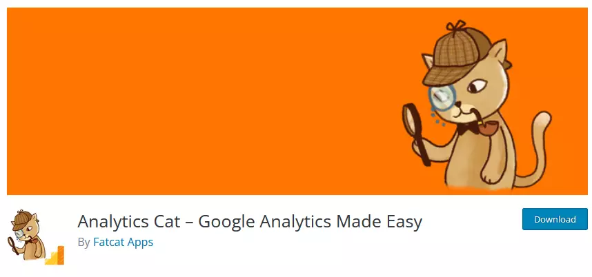 Analytics Cat WordPress plugin page with its branding and developer's name - an optimal choice for those seeking a minimalist Google Analytics plugin for WordPress.