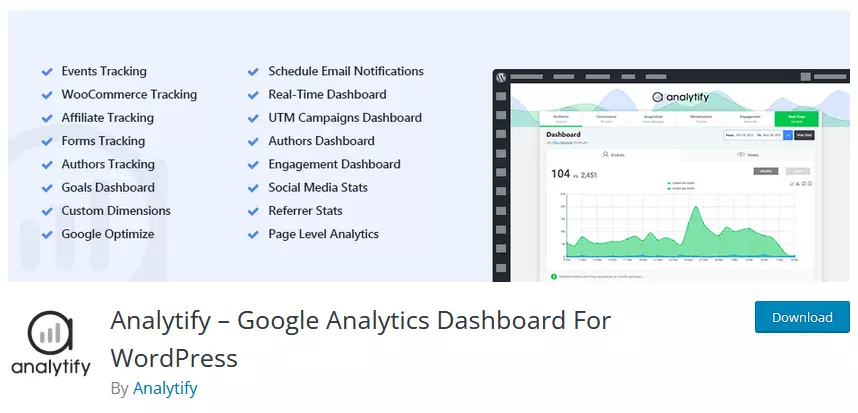 Analytify WordPress plugin page showcasing the branding, plugin details, and developer's name - a popular choice in Google Analytics plugins for WordPress.