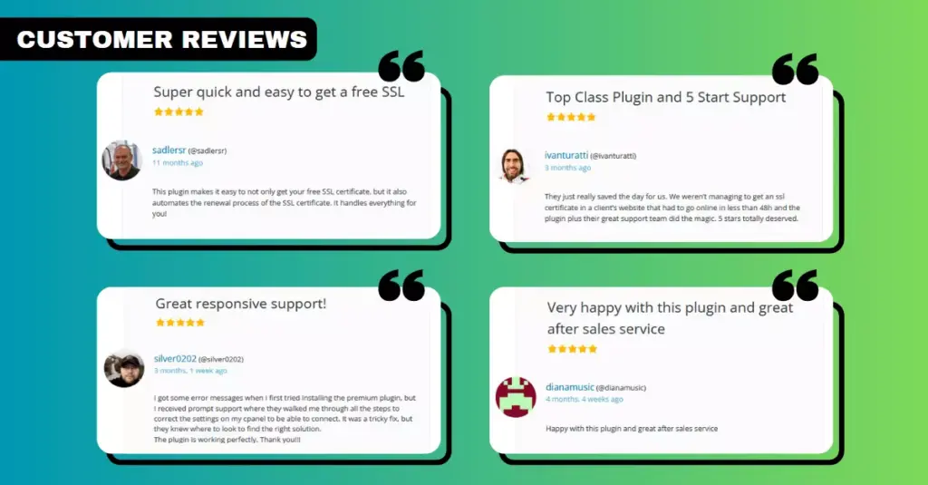 Image showcasing various customer reviews of the Auto Install Free SSL plugin on the WordPress repository, highlighting positive user feedback and high ratings