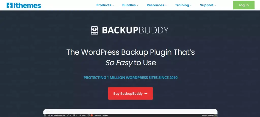 Screenshot of the BackupBuddy plugin website homepage, a notable WordPress backup plugin providing comprehensive site backup and restore features
