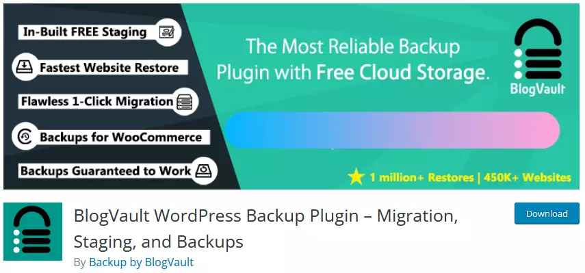 Screenshot showcasing the BlogVault WordPress Backup Plugin, an efficient choice among WordPress backup plugins, in the WordPress Repository