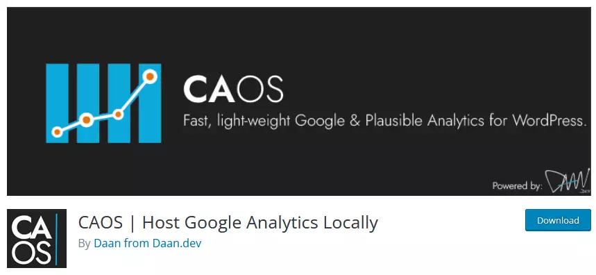 CAOS WordPress plugin page presenting its branding, and the developer's name - a top choice for those seeking a performance-optimized Google Analytics plugin for WordPress.