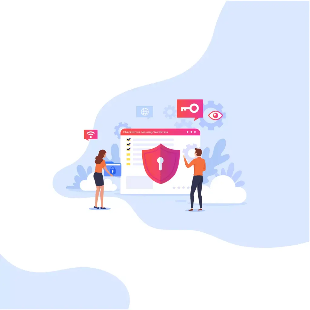 A boy and girl working together on a comprehensive checklist for securing WordPress site, surrounded by symbolic icons like a security shield, key, and globe.