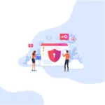 A boy and girl working together on a comprehensive checklist for securing WordPress site, surrounded by symbolic icons like a security shield, key, and globe.