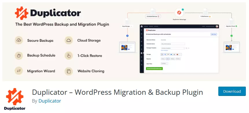 Screenshot displaying the Duplicator WordPress Backup Plugin, a standout choice among WordPress backup plugins in the WordPress Repository