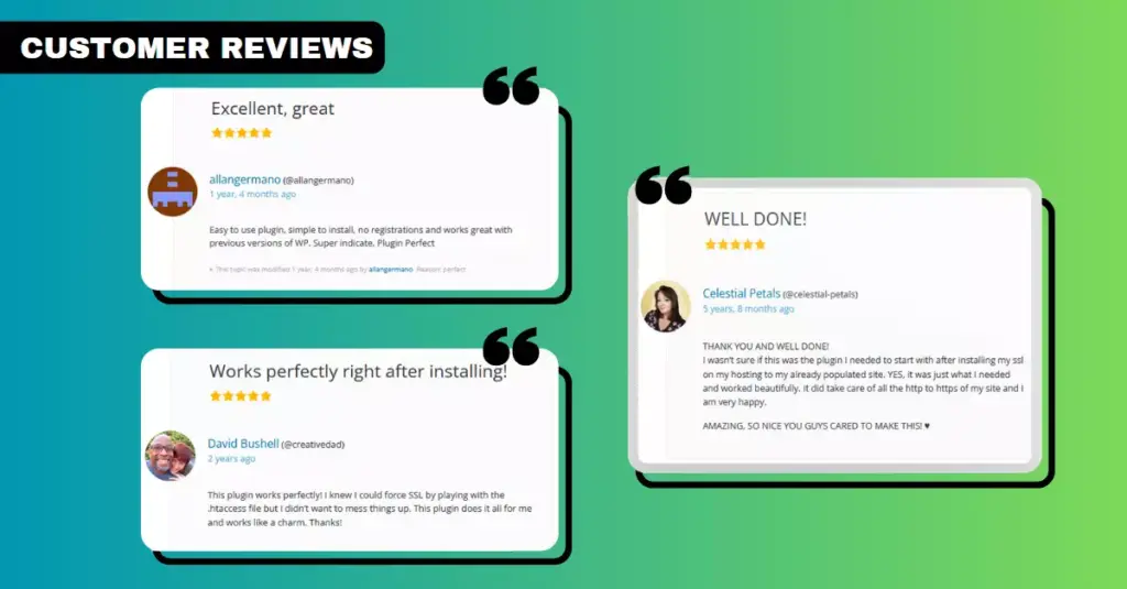 Image showcasing various customer reviews of the Easy HTTPS redirection plugin on the WordPress repository, highlighting positive user feedback and high ratings