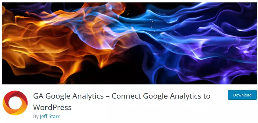 GA Google Analytics WordPress plugin page displaying its branding, detailed plugin information, and the developer's name - a go-to option for lightweight Google Analytics integration in WordPress.