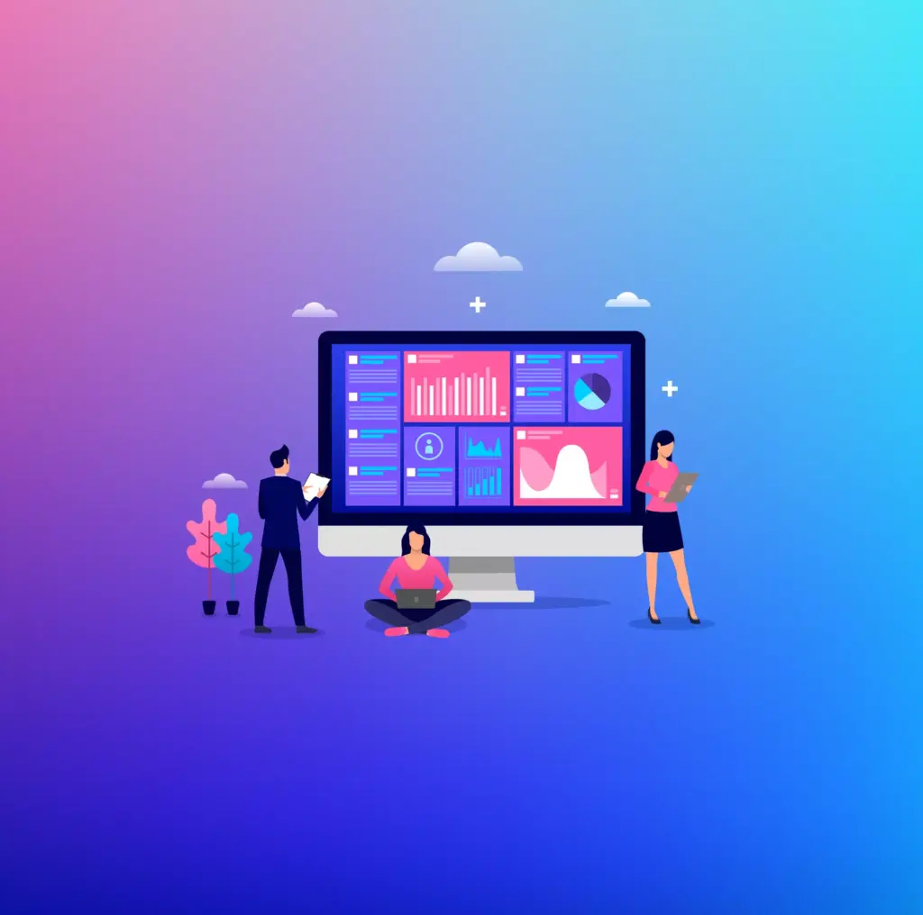 Tiny people working diligently on a monitor screen displaying vibrant WordPress website analytics, symbolizing the use of top Google Analytics plugins for WordPress for enhanced site performance.