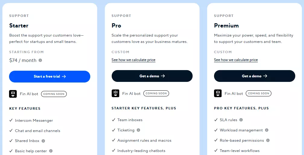 Screenshot illustrating the various pricing plans of Intercom WordPress live chat plugin, showcasing options suitable for different budget ranges.