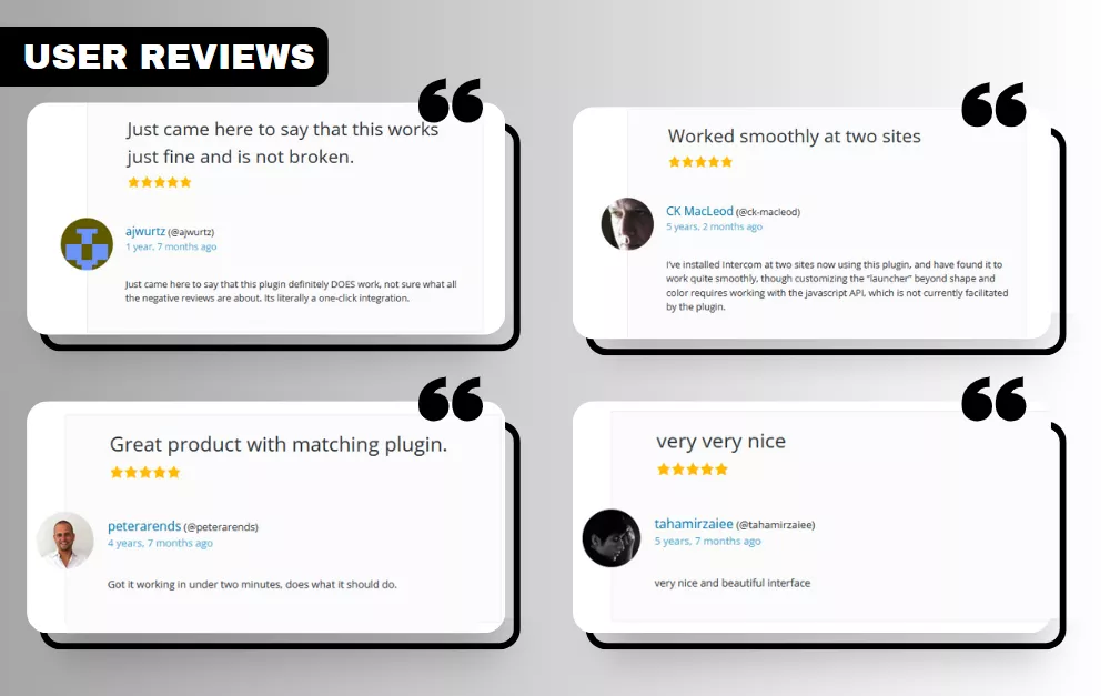 User reviews for the Intercom WordPress live chat plugin, showcasing real user experiences.