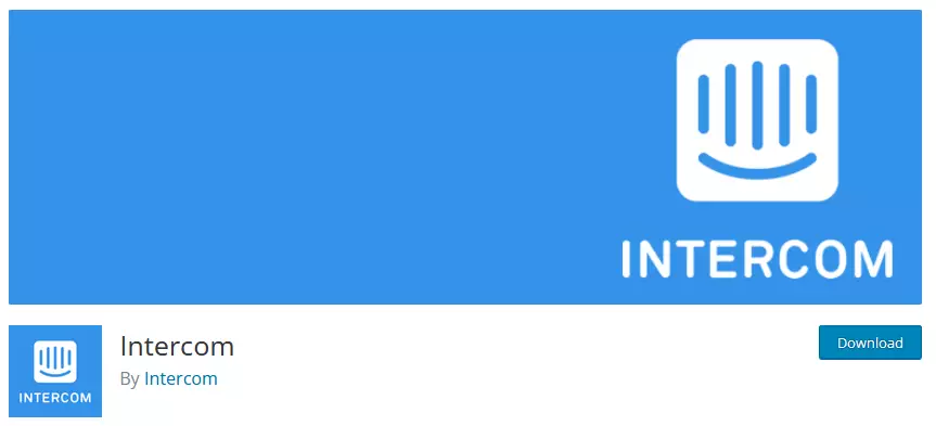 Screenshot displaying the Intercom live chat plugin on the WordPress repository, showcasing its branding, plugin information, and the name of the developer.