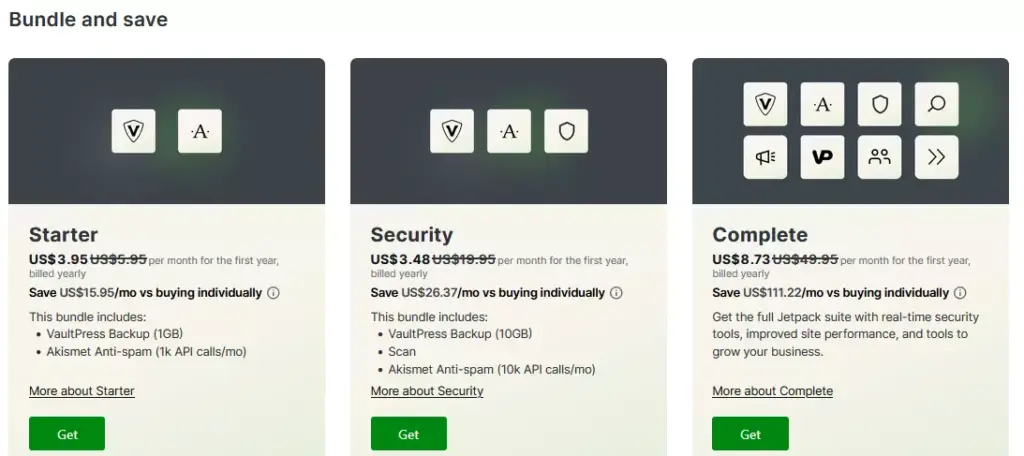 Screenshot showing the pricing options for the Jetpack Backup plugin, a top-tier WordPress backup plugin offering diverse plans for website protection