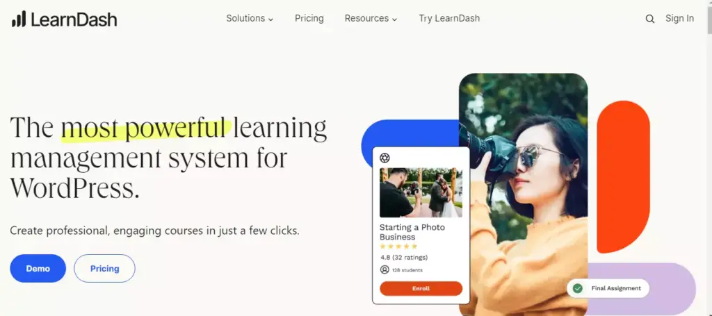 Screenshot capturing the LearnDash homepage, presenting its prominent features and capabilities as one of the leading WordPress LMS plugins.