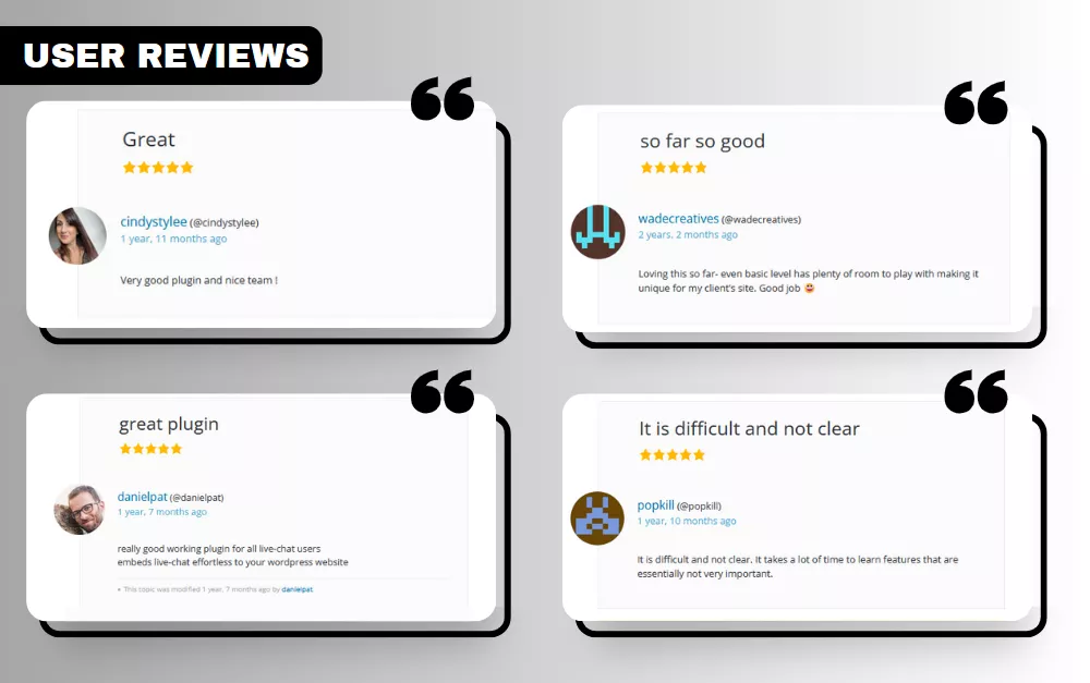 User reviews for the LiveChat WordPress live chat plugin, showcasing real user experiences.