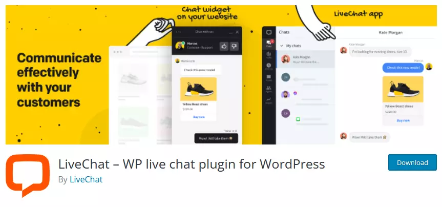 Screenshot displaying the LiveChat WordPress live chat plugin on the WordPress repository, showcasing its branding, plugin information, and the name of the developer.