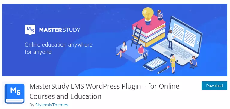  screenshot of the Masterstudy LMS plugin website, highlighting its unique features and benefits as a comprehensive WordPress LMS solution.