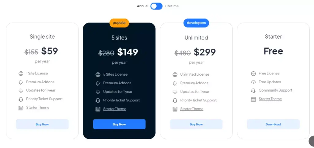 Detailed screenshot outlining the diverse pricing plans available for the Masterstudy LMS plugin, showing options tailored for various user needs and budgets.