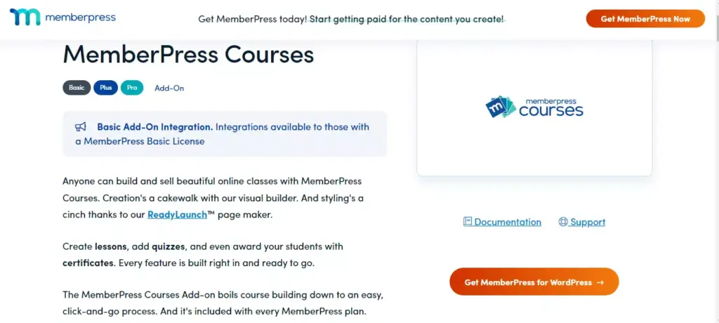 creenshot displaying the MemberPress Courses webpage, showcasing the highlighted features and benefits of this top-rated WordPress LMS plugin.