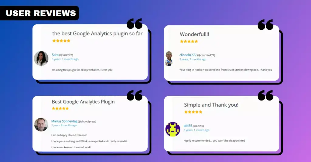 User reviews and ratings for the Metrics Query plugin on WordPress repository, displaying its popularity and high satisfaction among users.