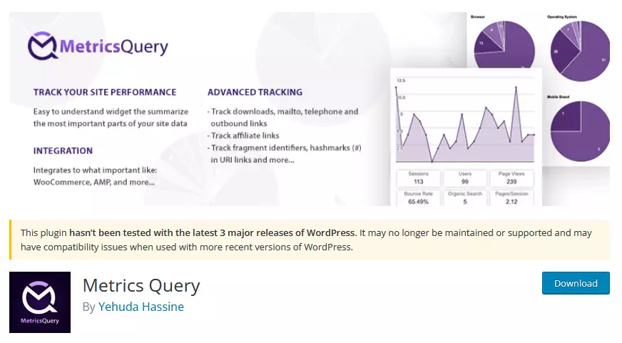 Metrics Query WordPress plugin page featuring its brand identity,plugin features, and the name of the developer - a robust option for those looking for real-time data and advanced segmentation in a Google Analytics plugin for WordPress.