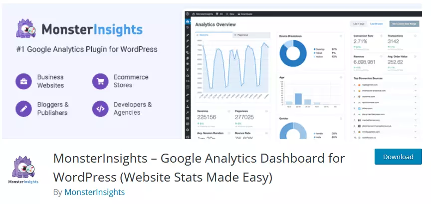 Image showcasing the MonsterInsights plugin on the WordPress repository. The snapshot presents the branding, Plugin details, and the name of the developer. This is one of the best Google Analytics plugins for WordPress offering comprehensive analytics integration.