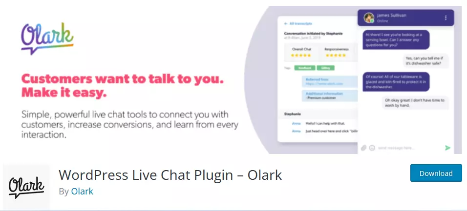 Screenshot displaying the Olark WordPress live chat plugin on the WordPress repository, showcasing its branding, plugin information, and the name of the developer.