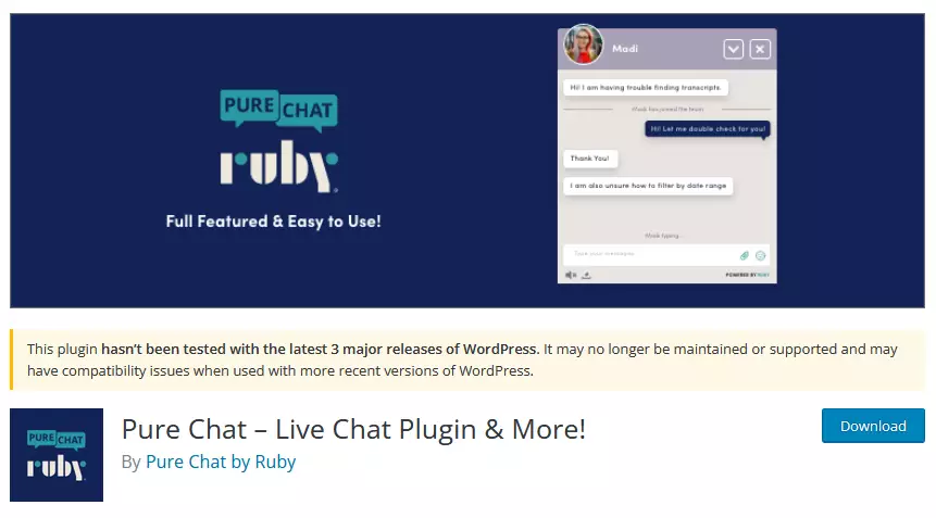 Screenshot displaying the Pure Chat WordPress live chat plugin on the WordPress repository, showcasing its branding, plugin information, and the name of the developer.