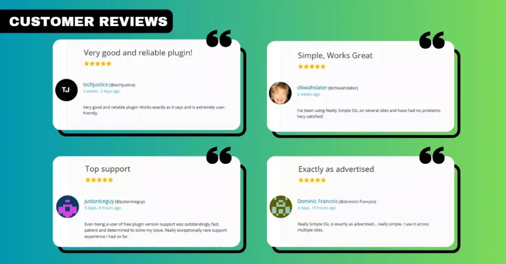 Image showcasing various customer reviews of the Really Simple SSL plugin on the WordPress repository, highlighting positive user feedback and high ratings.