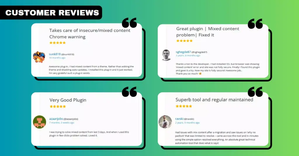 Image showcasing various customer reviews of the SSL Insecure Content Fixer plugin on the WordPress repository, highlighting positive user feedback and high ratings