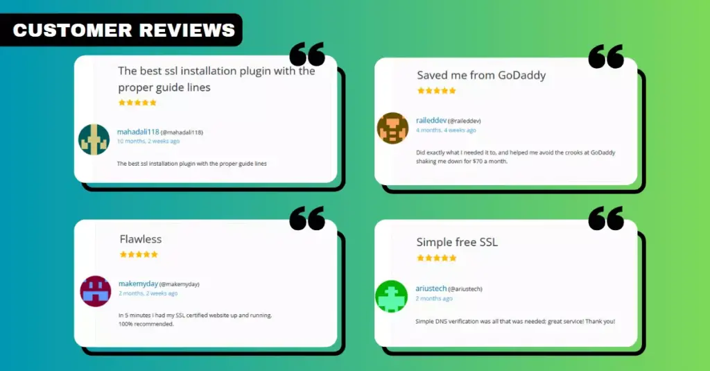 Image showcasing various customer reviews of the SSL Zen plugin on the WordPress repository, highlighting positive user feedback and high ratings