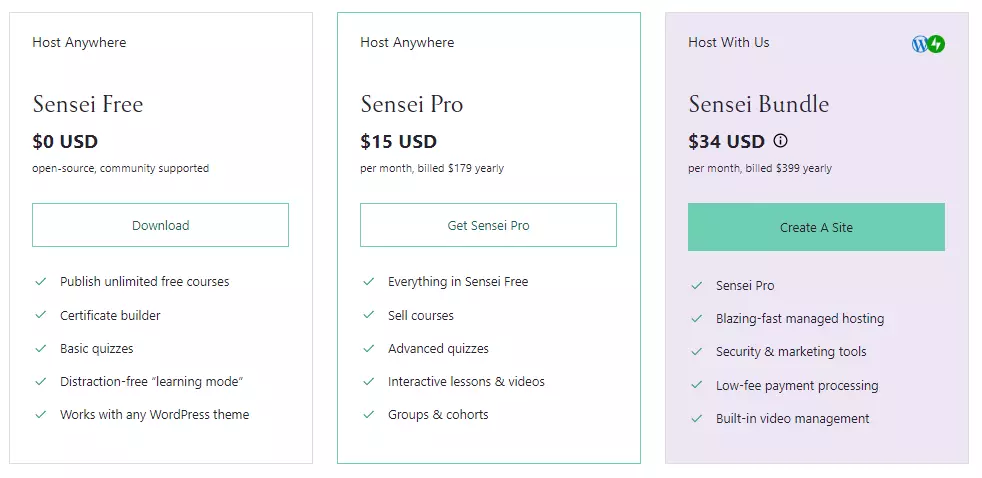 screenshot of the pricing plans offered by Sensei LMS, displaying the various options available for users with different requirements and budgets.
