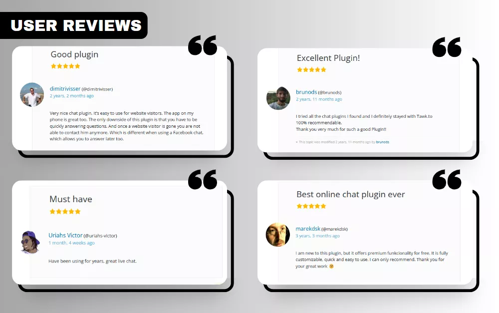User reviews for the Tawk.To WordPress live chat plugin, showcasing real user experiences.