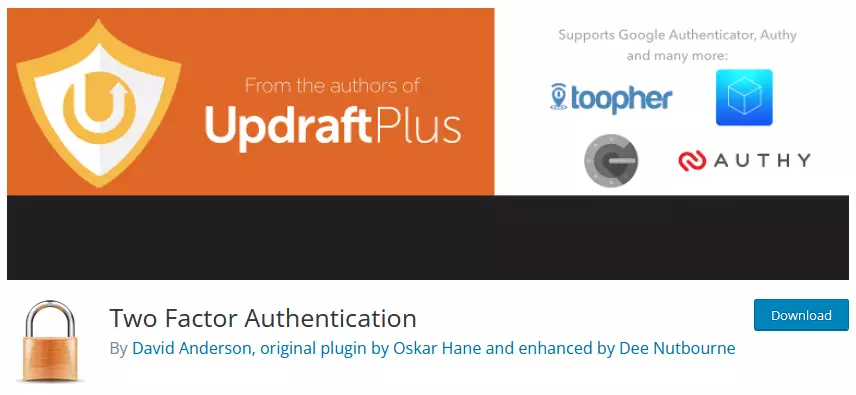 screenshot of the Two factor authentication plugin on the WordPress repository, displaying the plugin's name and branding for two-factor authentication solution.