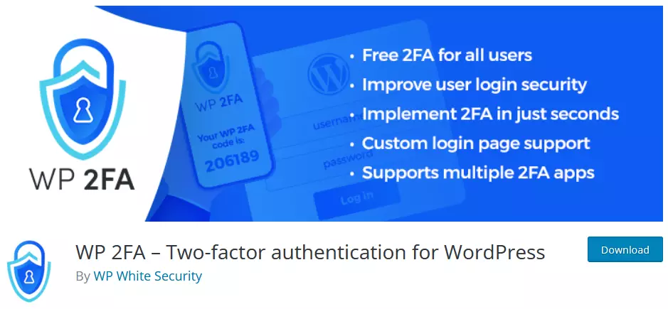 Screenshot of the WP 2FA plugin on the WordPress repository, displaying the plugin as a two-factor authentication solution.