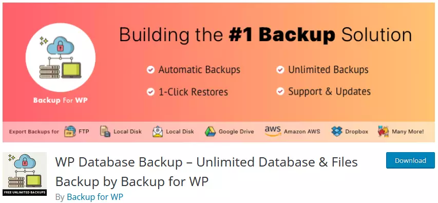 Screenshot of WP Database Backup plugin on WordPress repository, a popular WordPress backup plugin with multiple features and compatibility options.