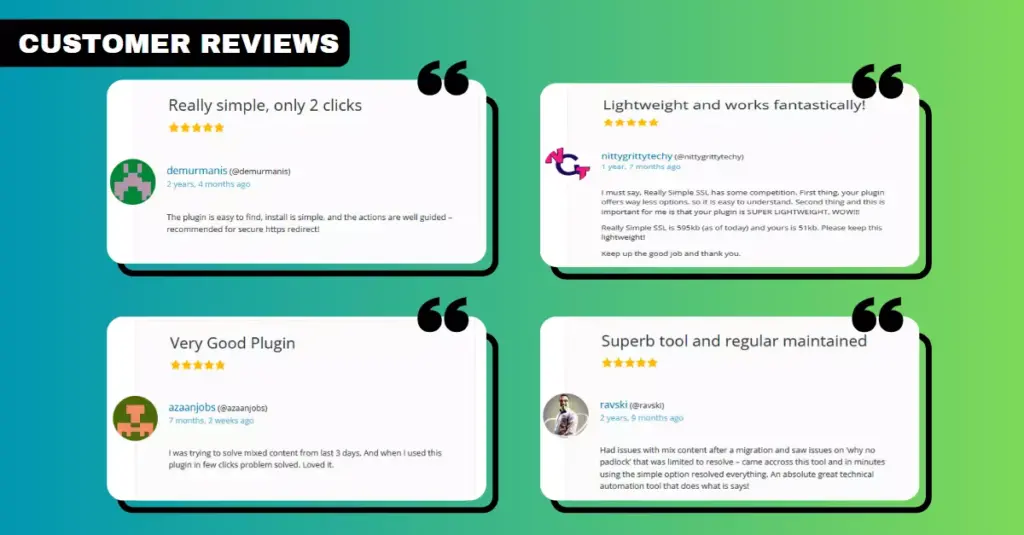 Image showcasing various customer reviews of the WP Force SSL plugin on the WordPress repository, highlighting positive user feedback and high ratings