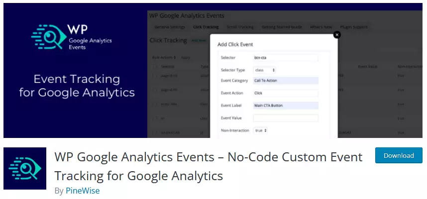WP Google Analytics Events WordPress plugin page showcasing its branding, plugin details, and the developer's name - a top-tier choice for WordPress users seeking detailed event tracking capabilities in a Google Analytics plugin.