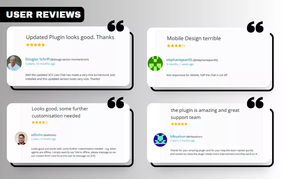 User reviews for the WP Live Chat Support WordPress plugin, showcasing real user experiences.