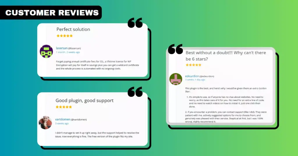 Image showcasing various customer reviews of the WP encryption plugin on the WordPress repository, highlighting positive user feedback and high ratings.